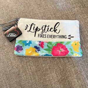 Love Ellie Lipstick Quote Floral Pouch with striped zipper pull